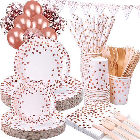 gold and rose gold party decor|rose gold party plate decorations.